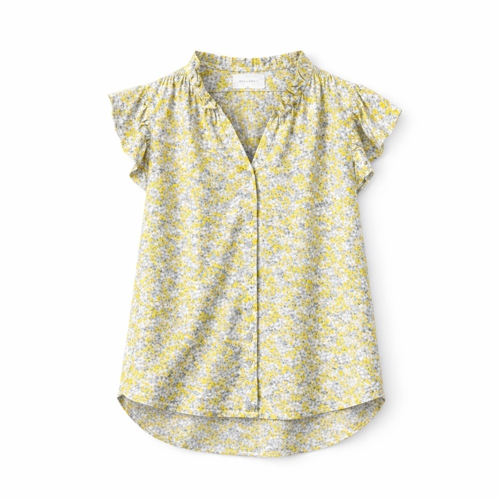 MELLODAY Yellow Flutter Floral V-neck Button Blouse